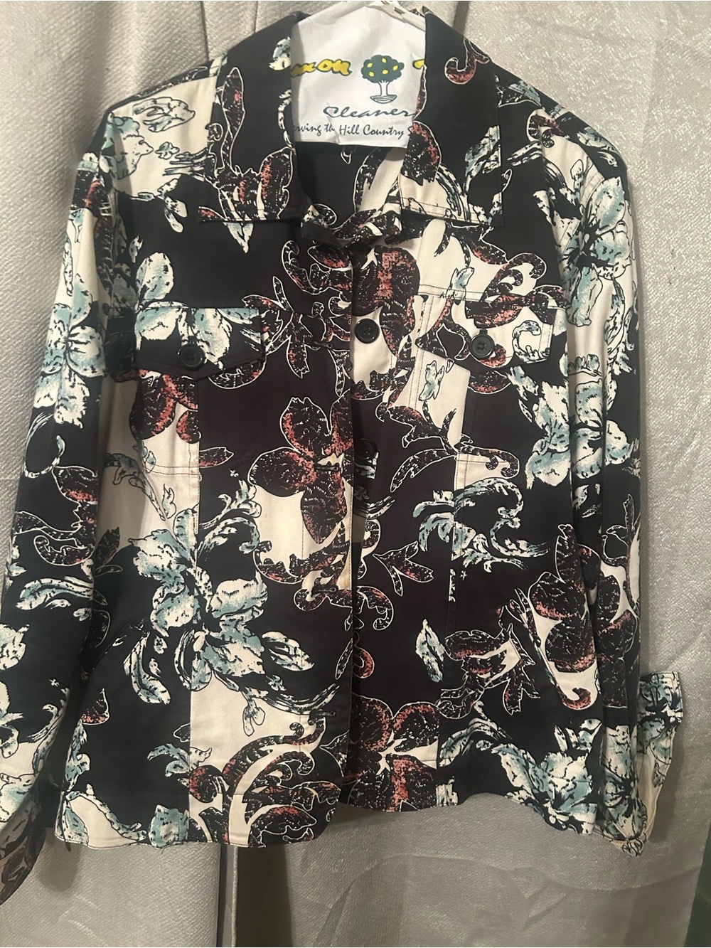 Coldwater Creek Black Cream Floral Button-Front Shirt Jacket with Teal Accents